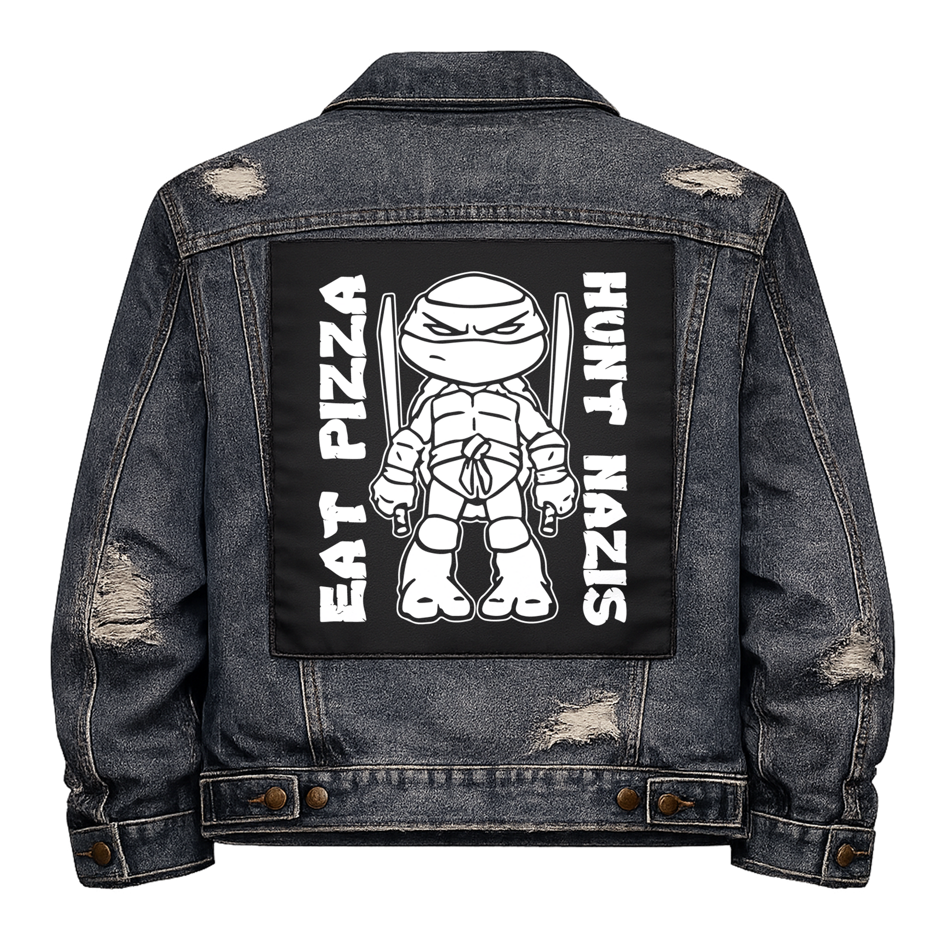 Black fabric back patch sew onto a denim jacket with the design "Eat Pizza, Hunt Nazis"