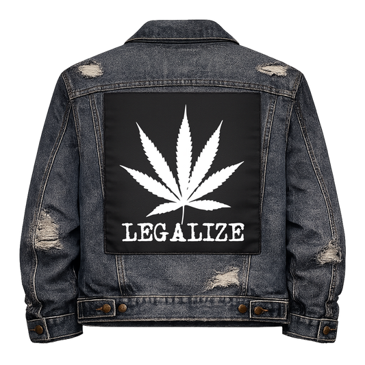 Black fabric back patch sew onto a denim jacket with the design "Legalize"