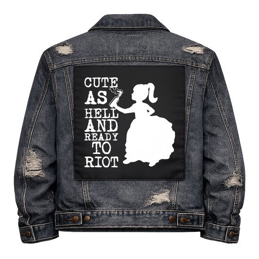 Black fabric back patch sew onto a denim jacket with the design "Cute as Hell"