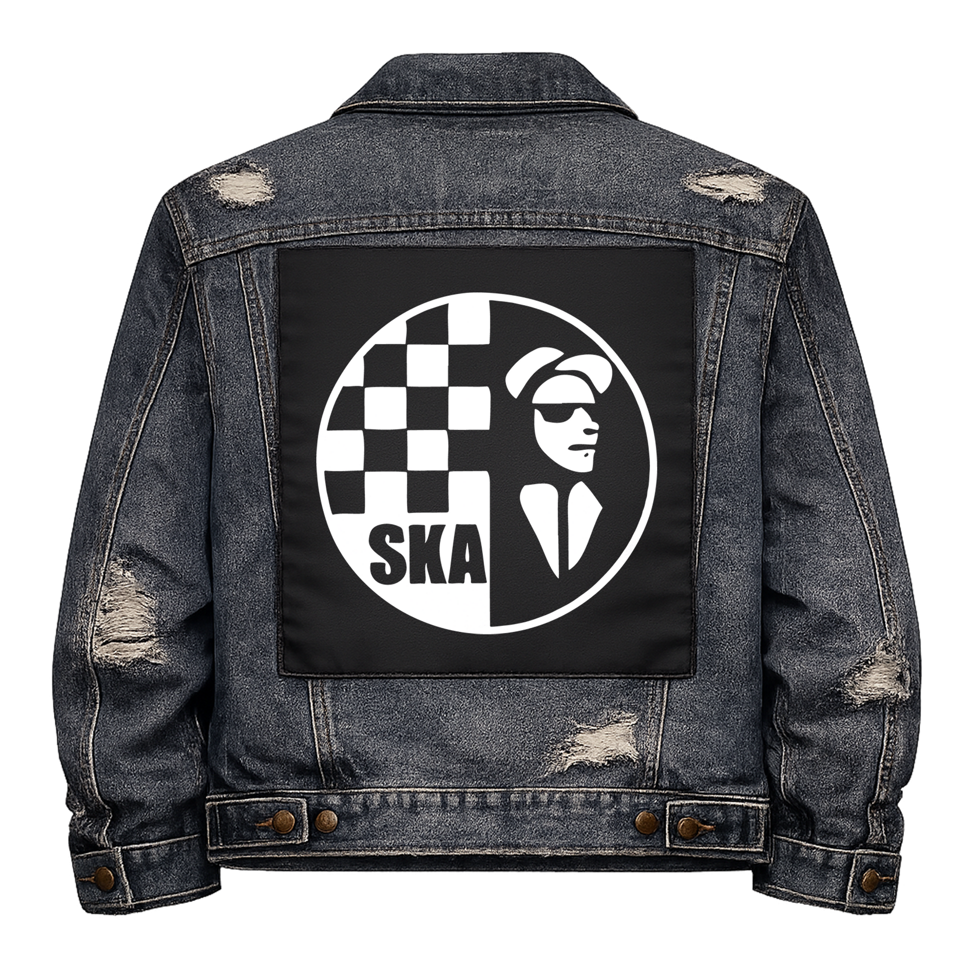 Black fabric back patch sew onto a denim jacket with the design "Ska"