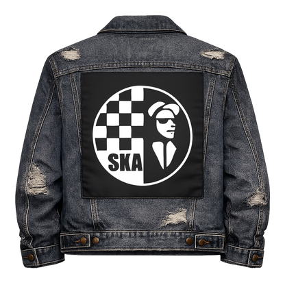 Black fabric back patch sew onto a denim jacket with the design "Ska"