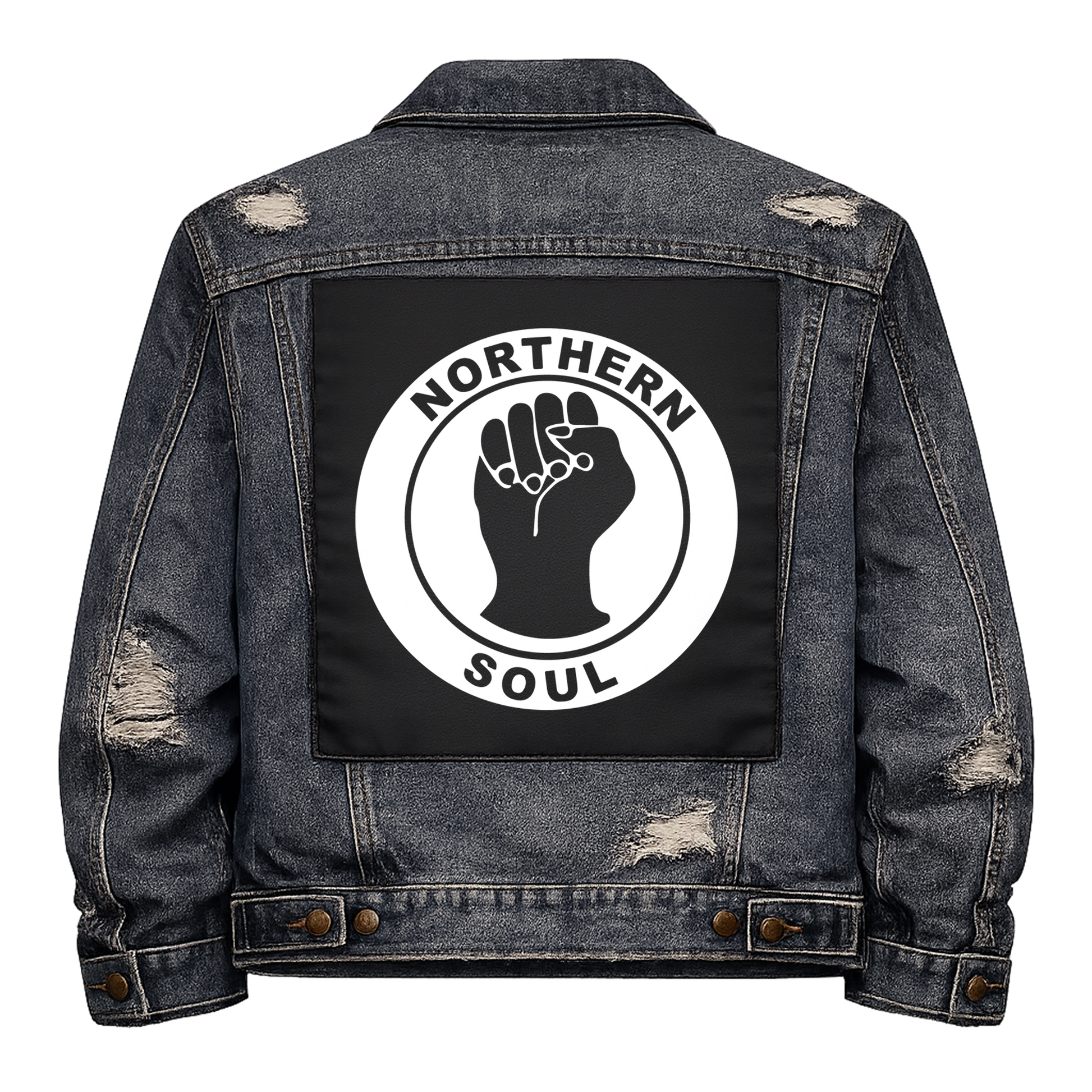Black fabric back patch sew onto a denim jacket with the design "Northern Soul"