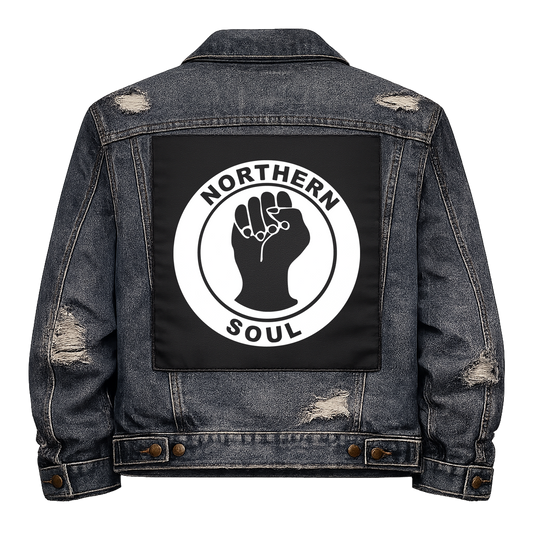 Black fabric back patch sew onto a denim jacket with the design "Northern Soul"