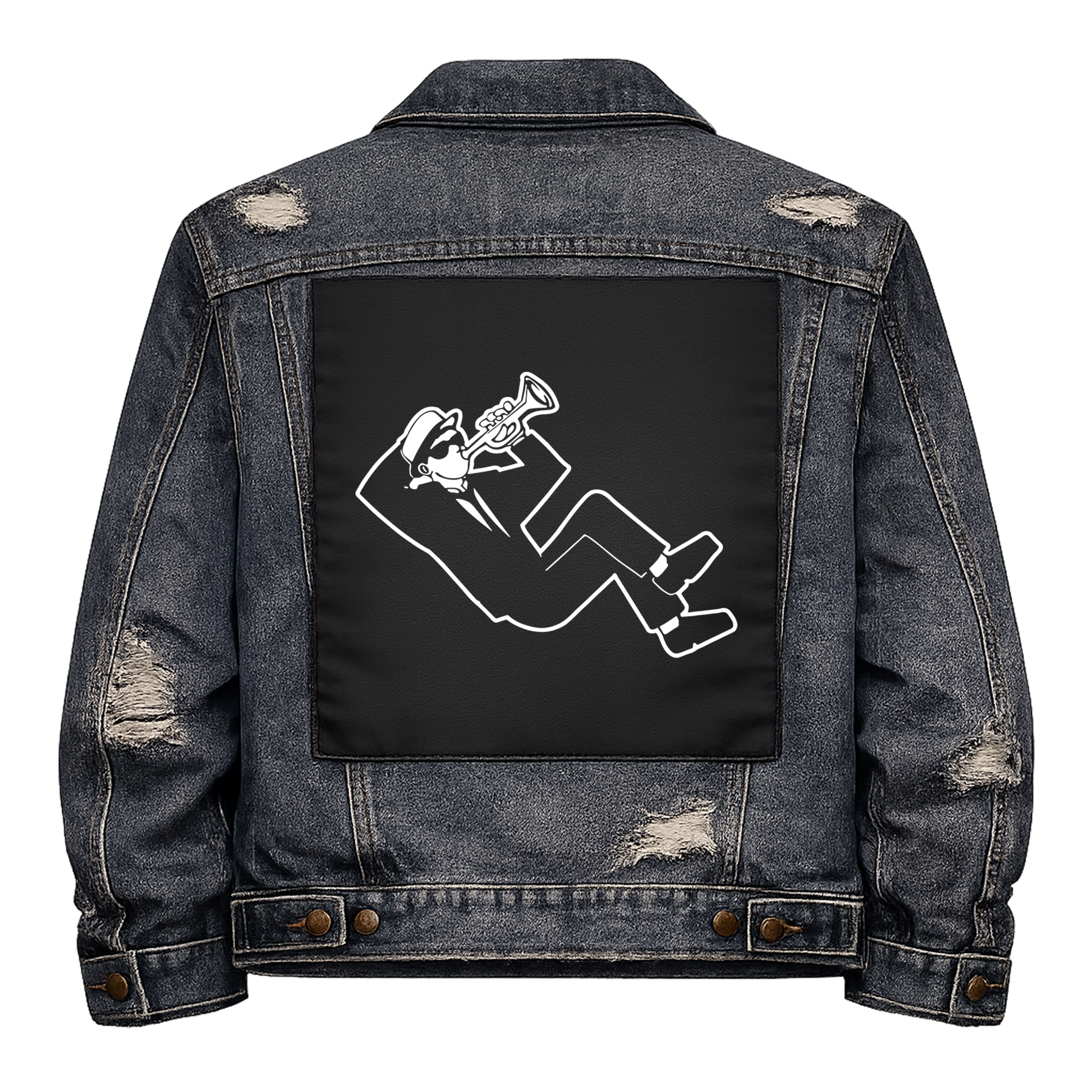 Black fabric back patch sew onto a denim jacket with the design "Ska Man"