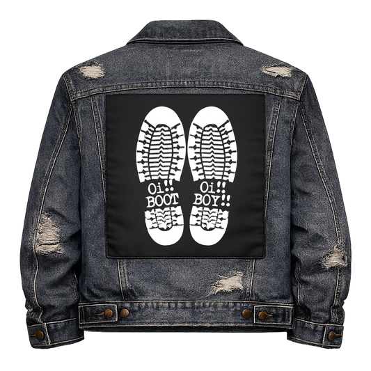 Black fabric back patch sew onto a denim jacket with the design "Oi Oi Boot Boy"