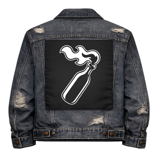 Black fabric back patch sew onto a denim jacket with the design "Molotov Cocktail"