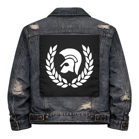 Black fabric back patch sew onto a denim jacket with the design "Trojan"
