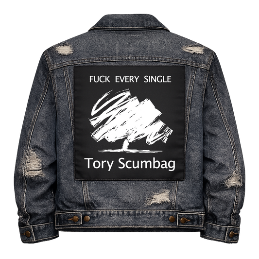 Black fabric back patch sew onto a denim jacket with the design "Tory Scumbag"
