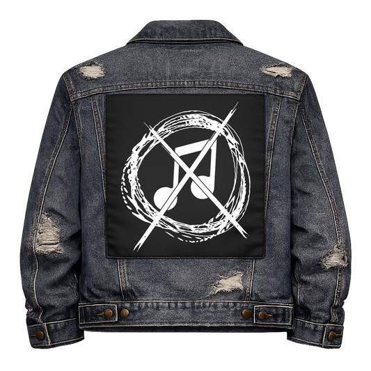 Black fabric back patch sew onto a denim jacket with the design "Noise not Music"