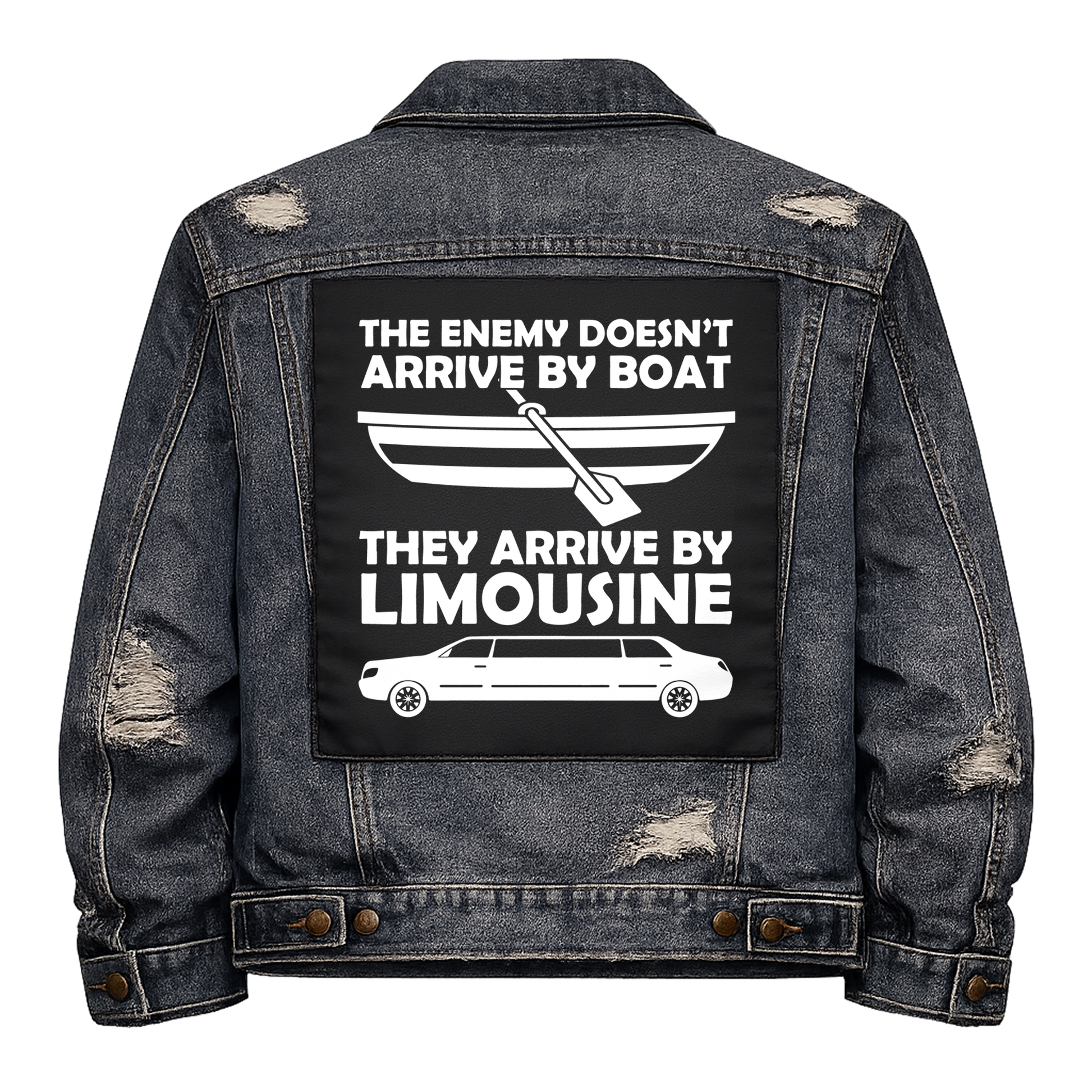 Black fabric back patch sew onto a denim jacket with the design "Limousines"