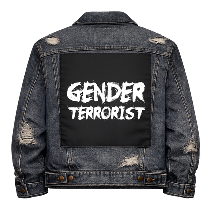 Black fabric back patch sew onto a denim jacket with the design "Gender Terrorist"