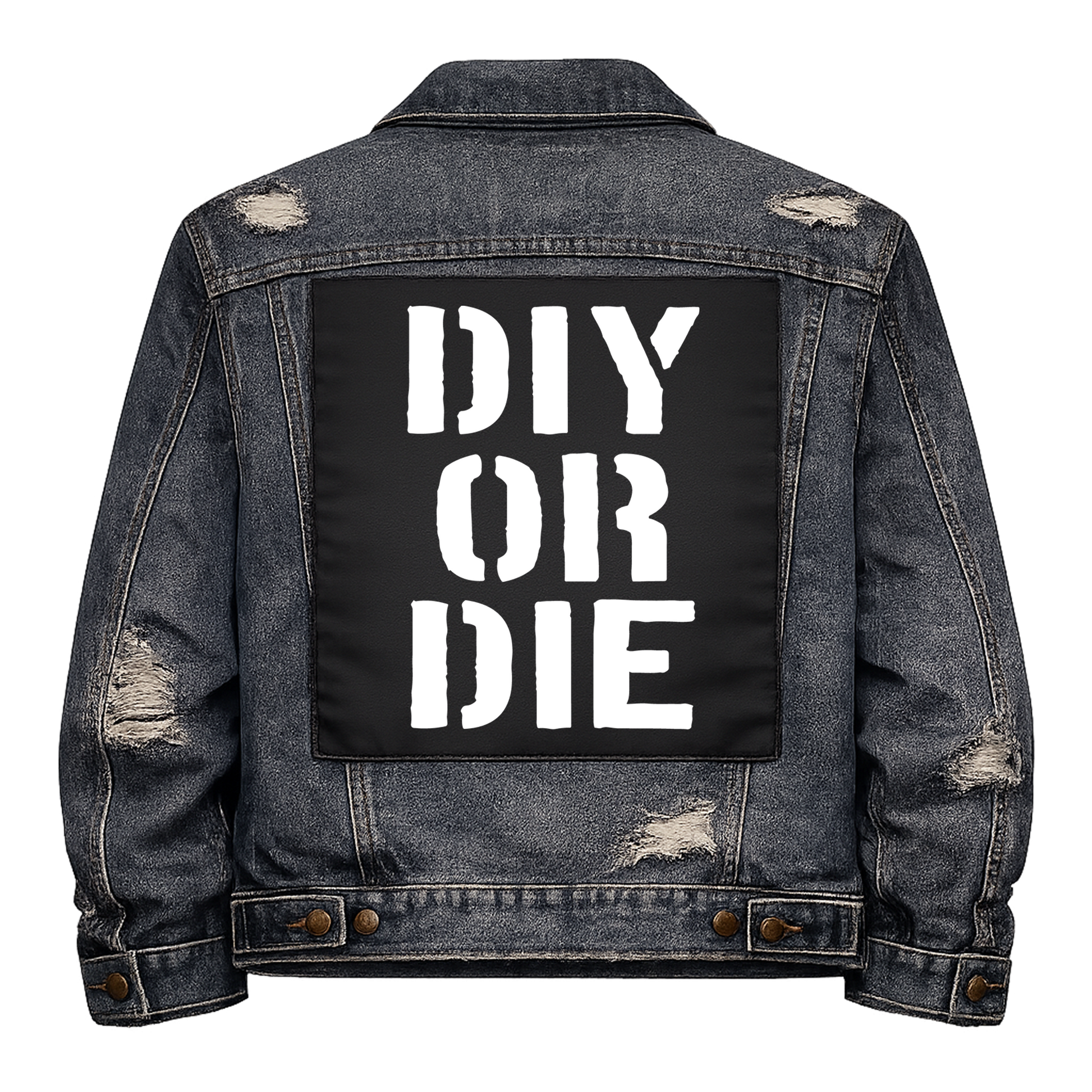 Black fabric back patch sew onto a denim jacket with the design "DIY or DIE"