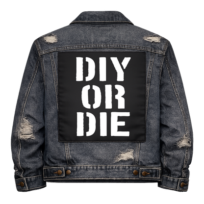 Black fabric back patch sew onto a denim jacket with the design "DIY or DIE"