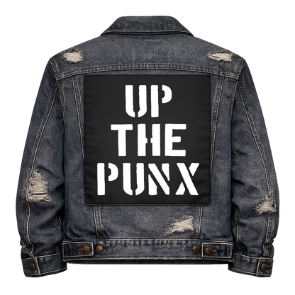 Black fabric back patch sew onto a denim jacket with the design "Up the Punx"