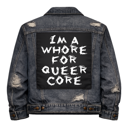Black fabric back patch sew onto a denim jacket with the design "Whore for Queercore"