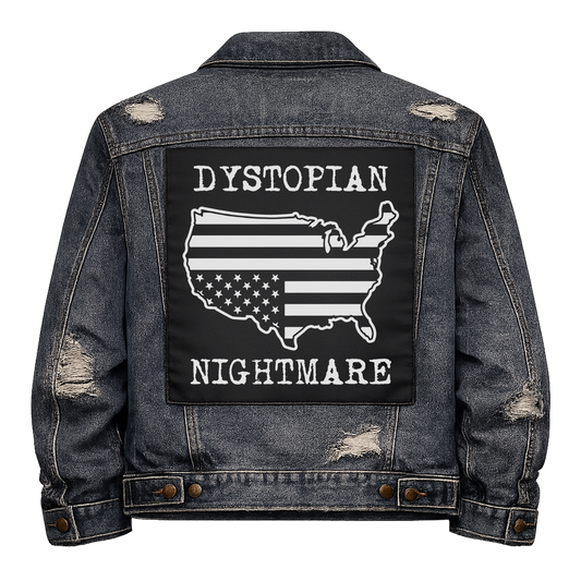 Black fabric back patch sew onto a denim jacket with the design "Dystopian Nightmare"
