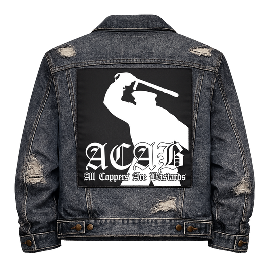 Black fabric back patch sew onto a denim jacket with the design "ACAB"