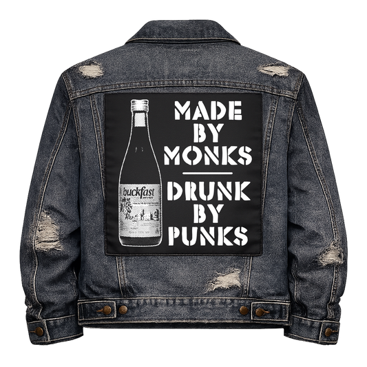 Black fabric back patch sew onto a denim jacket with the design "Buckfast Drunk by Punks"