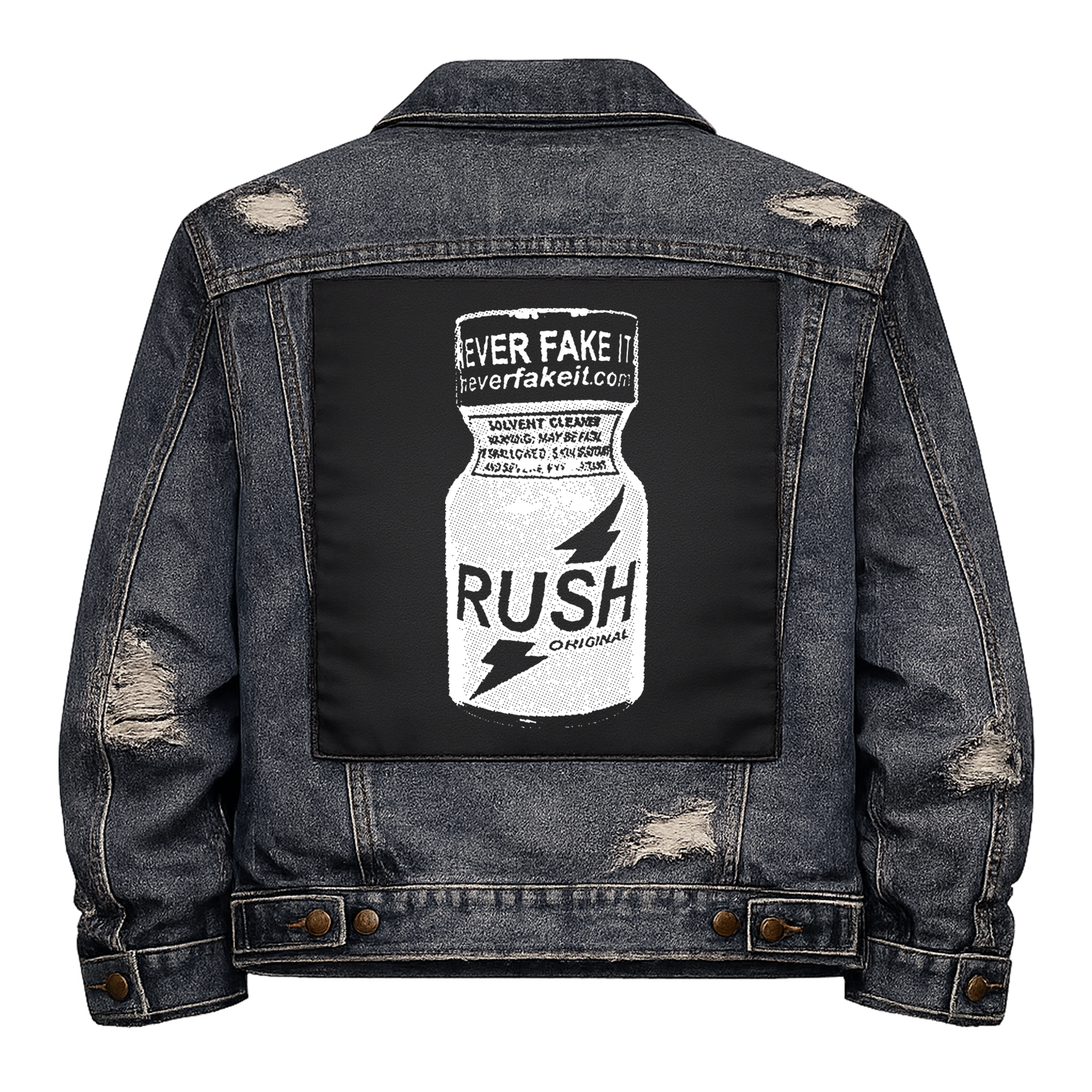 Black fabric back patch sew onto a denim jacket with the design "Poppers"