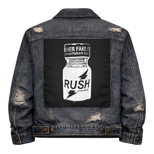 Black fabric back patch sew onto a denim jacket with the design "Poppers"