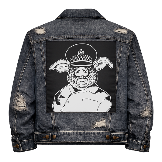 Black fabric back patch sew onto a denim jacket with the design "Pig Copper"