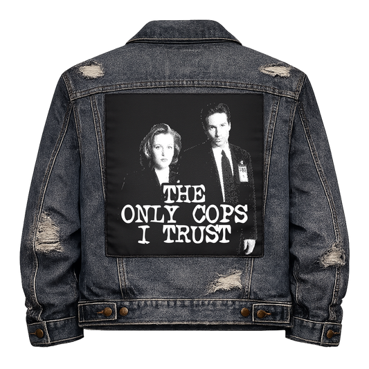 Black fabric back patch sew onto a denim jacket with the design "Only Cops I Trust"