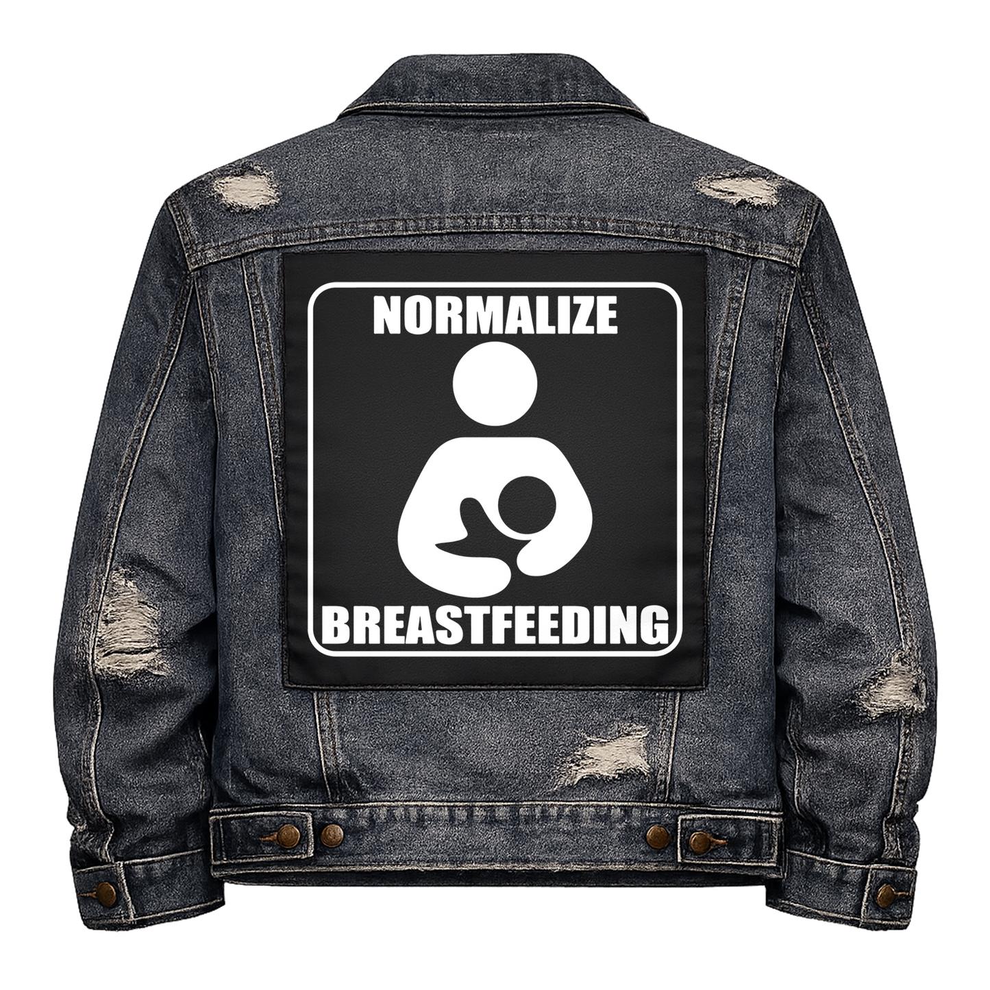 Black fabric back patch sew onto a denim jacket with the design "Normalize Breastfeeding"