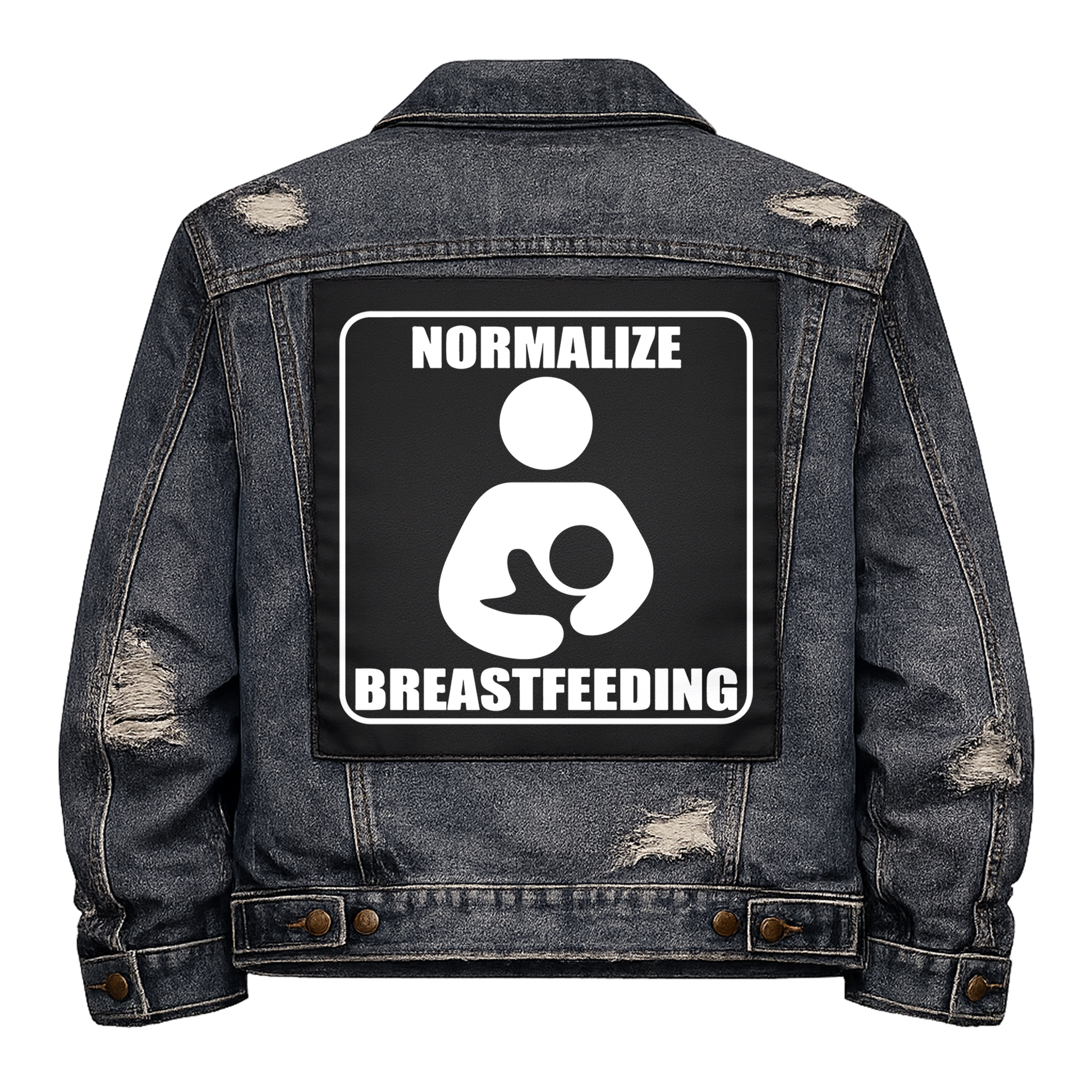 Black fabric back patch sew onto a denim jacket with the design "Normalize Breastfeeding"