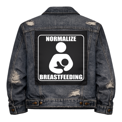 Black fabric back patch sew onto a denim jacket with the design "Normalize Breastfeeding"
