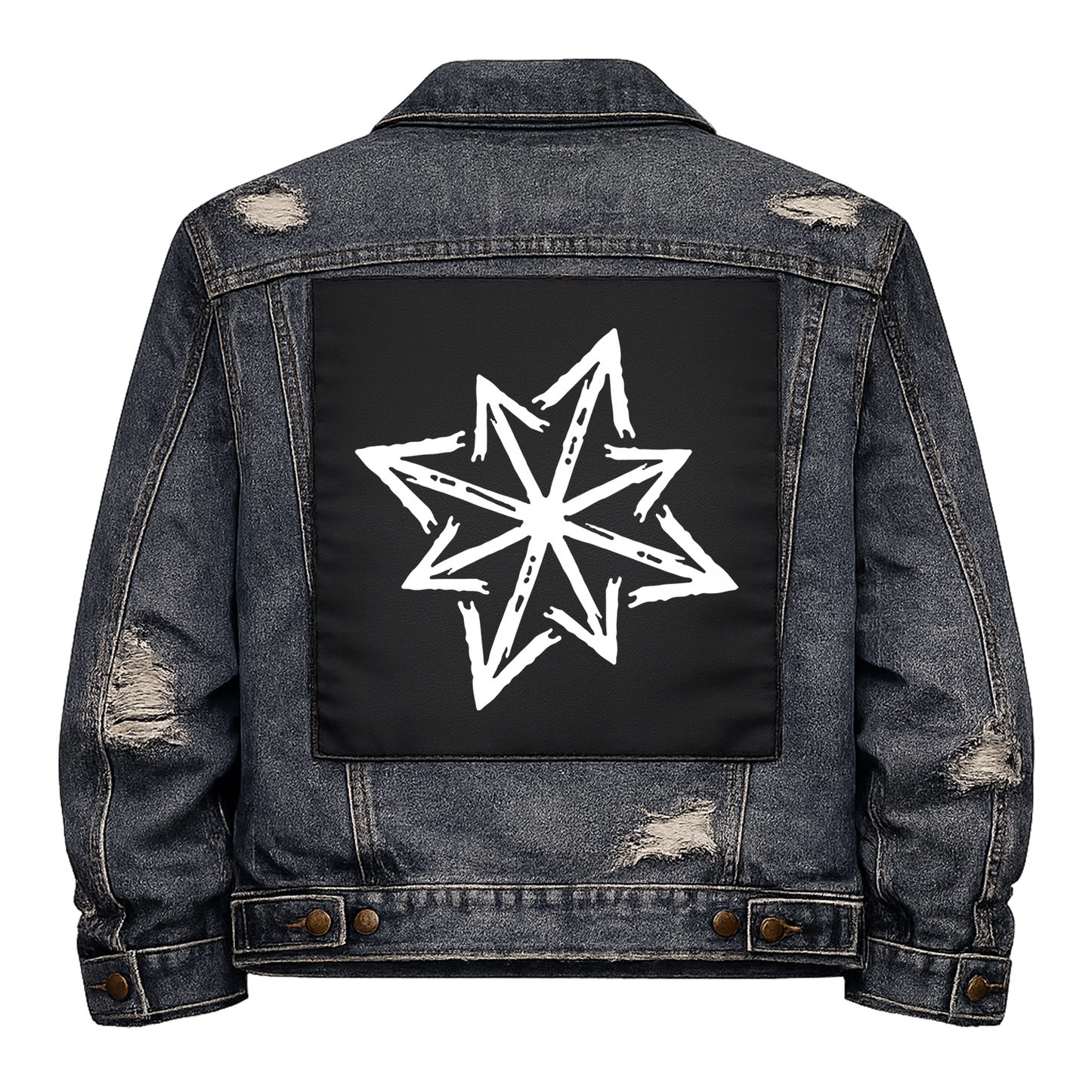 Black fabric back patch sew onto a denim jacket with the design "Chaos Star"