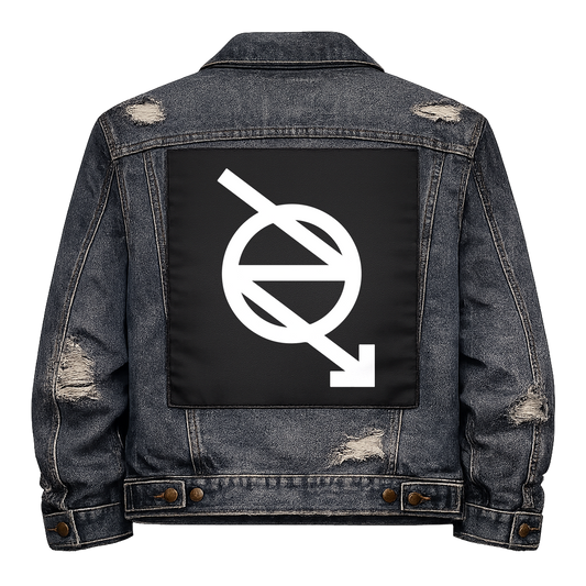 Black fabric back patch sew onto a denim jacket with the design "Squat The World"