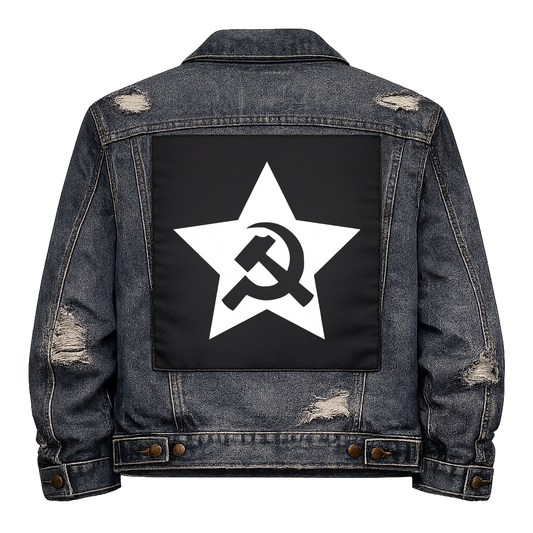 Black fabric back patch sew onto a denim jacket with the design "Socialist Star"