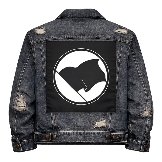 Black fabric back patch sew onto a denim jacket with the design "Anarchist Black Flag"