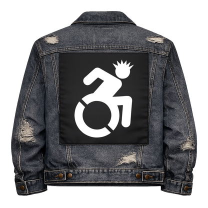 Black fabric back patch sew onto a denim jacket with the design "Wheelchair Punk"