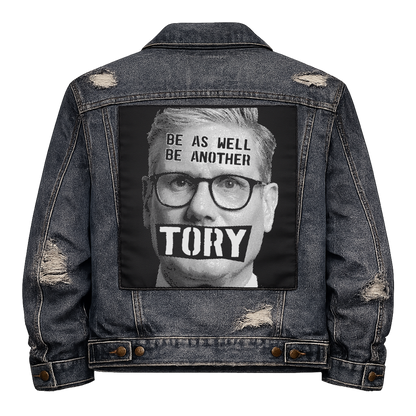 Black fabric back patch sew onto a denim jacket with the design "Starmer Another Tory"