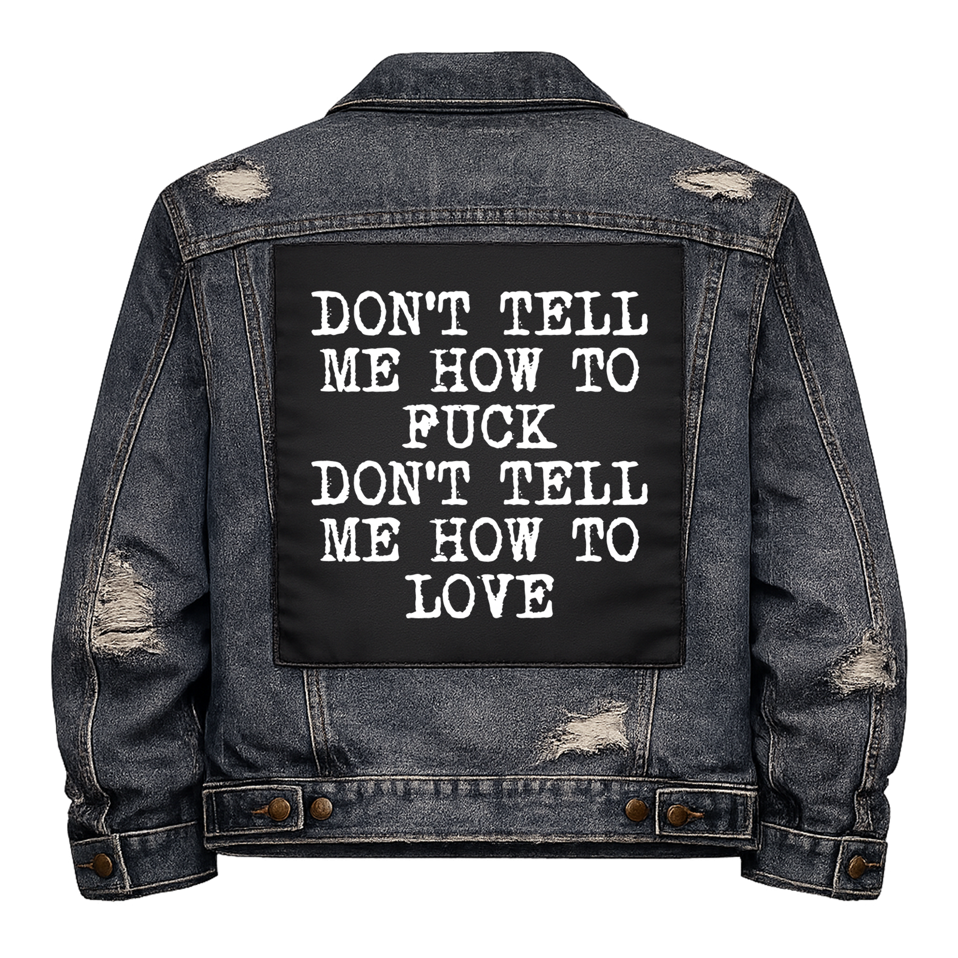 Black fabric back patch sew onto a denim jacket with the design "How to Love"