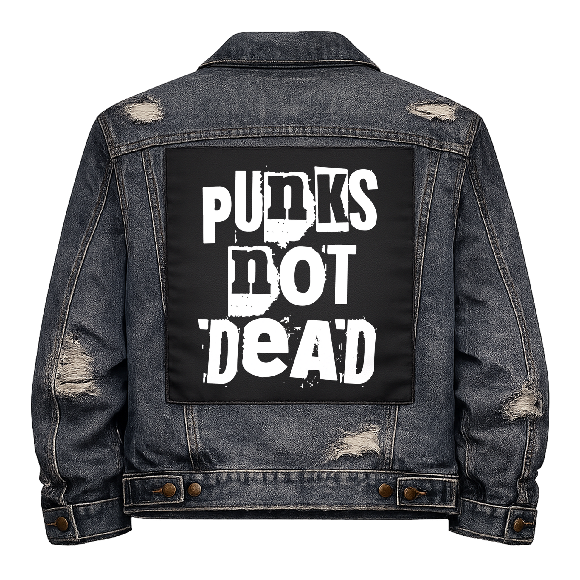 Black fabric back patch sew onto a denim jacket with the design "Punks Not Dead"