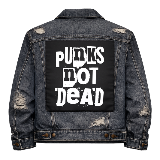 Black fabric back patch sew onto a denim jacket with the design "Punks Not Dead"