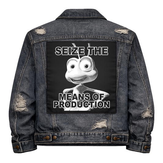 Black fabric back patch sew onto a denim jacket with the design "Means of Production"