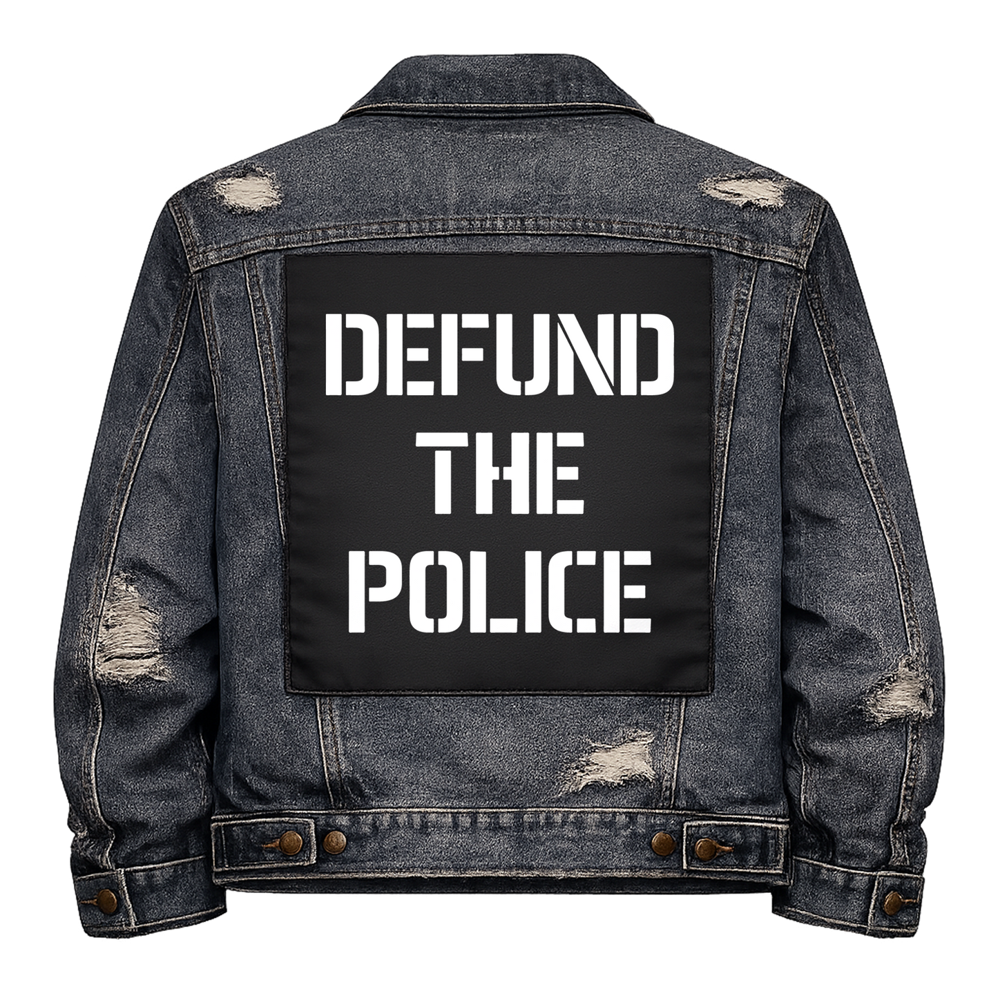 Black fabric back patch sew onto a denim jacket with the design "Defund the Police"