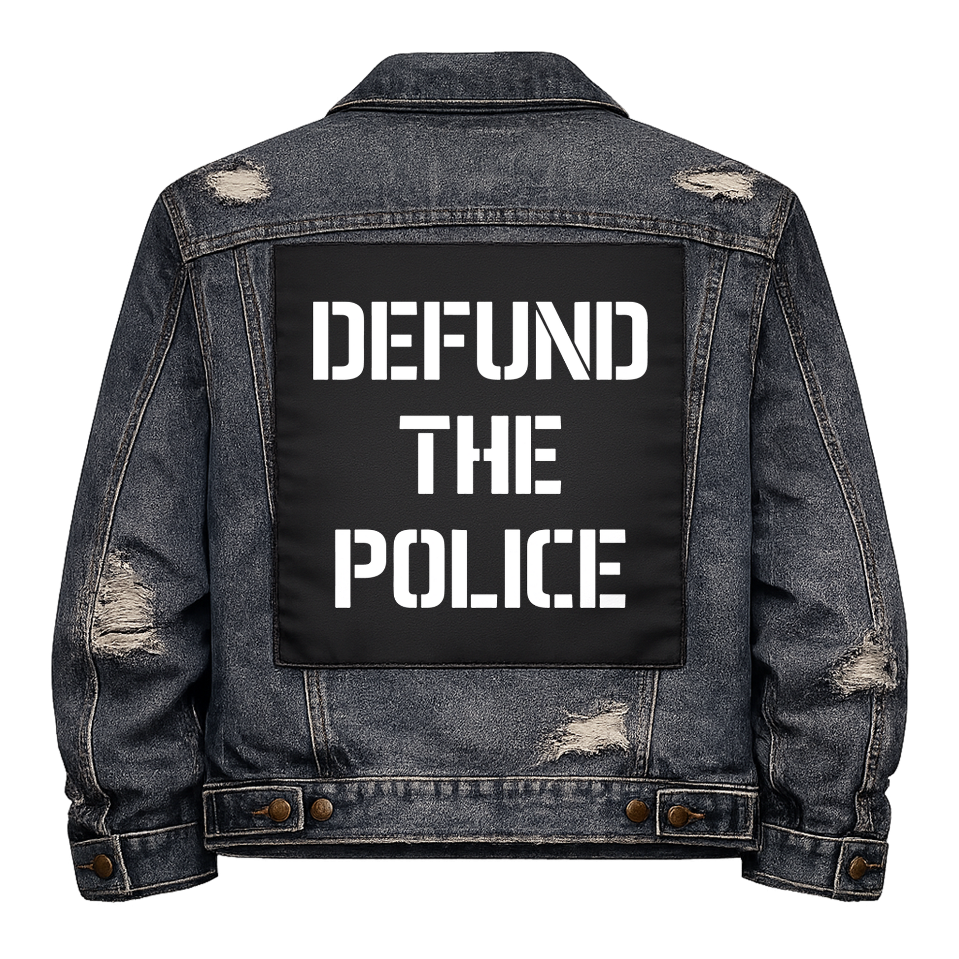 Black fabric back patch sew onto a denim jacket with the design "Defund the Police"