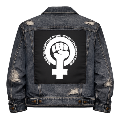 Black fabric back patch sew onto a denim jacket with the design "Daughters of Witches"