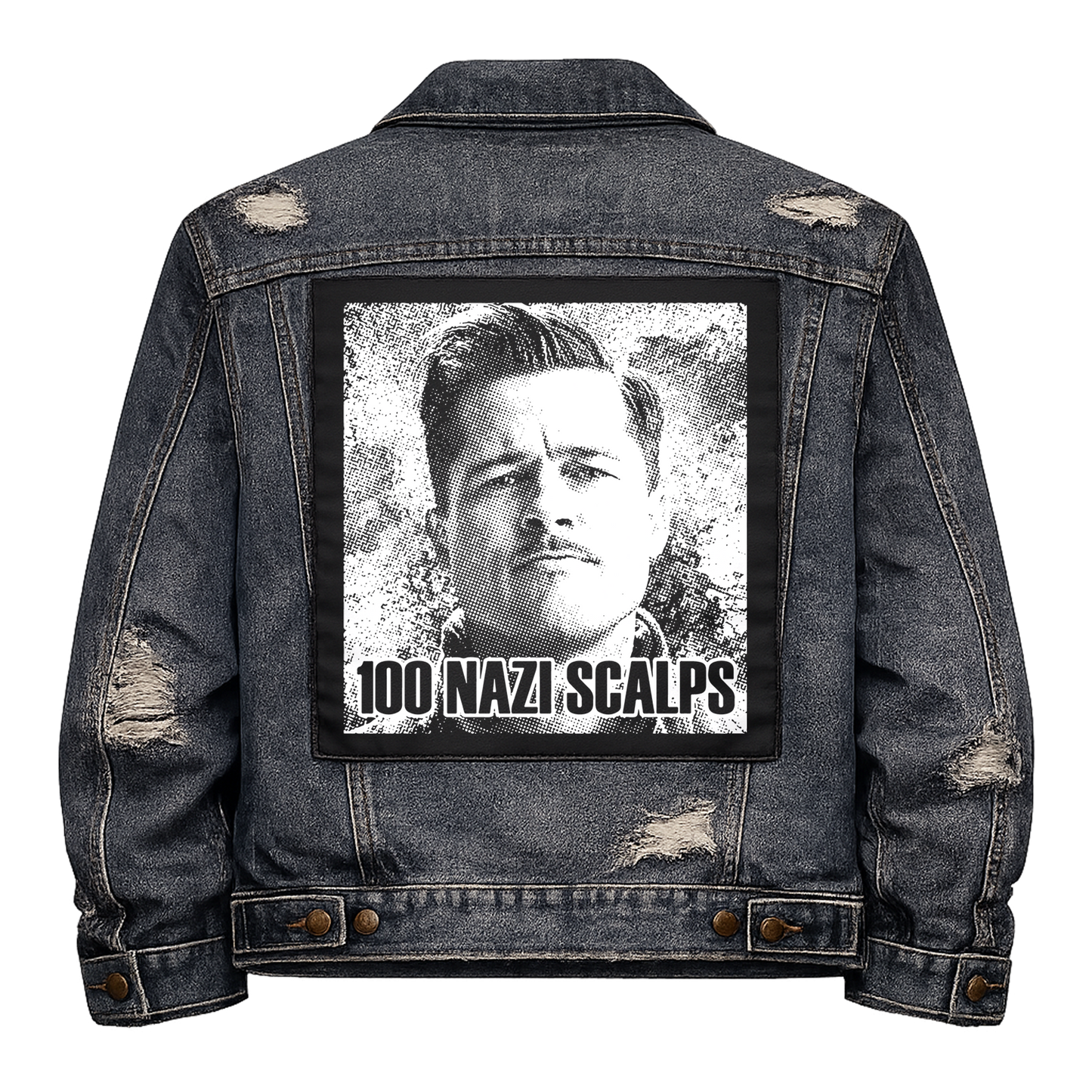 Black fabric back patch sew onto a denim jacket with the design "100 Nazi Scalps"