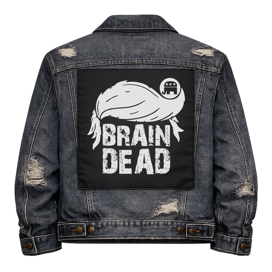 Black fabric back patch sew onto a denim jacket with the design "Brain Dead Trump"