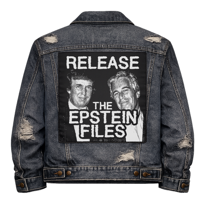 Black fabric back patch sew onto a denim jacket with the design "Release The Epstein Files"