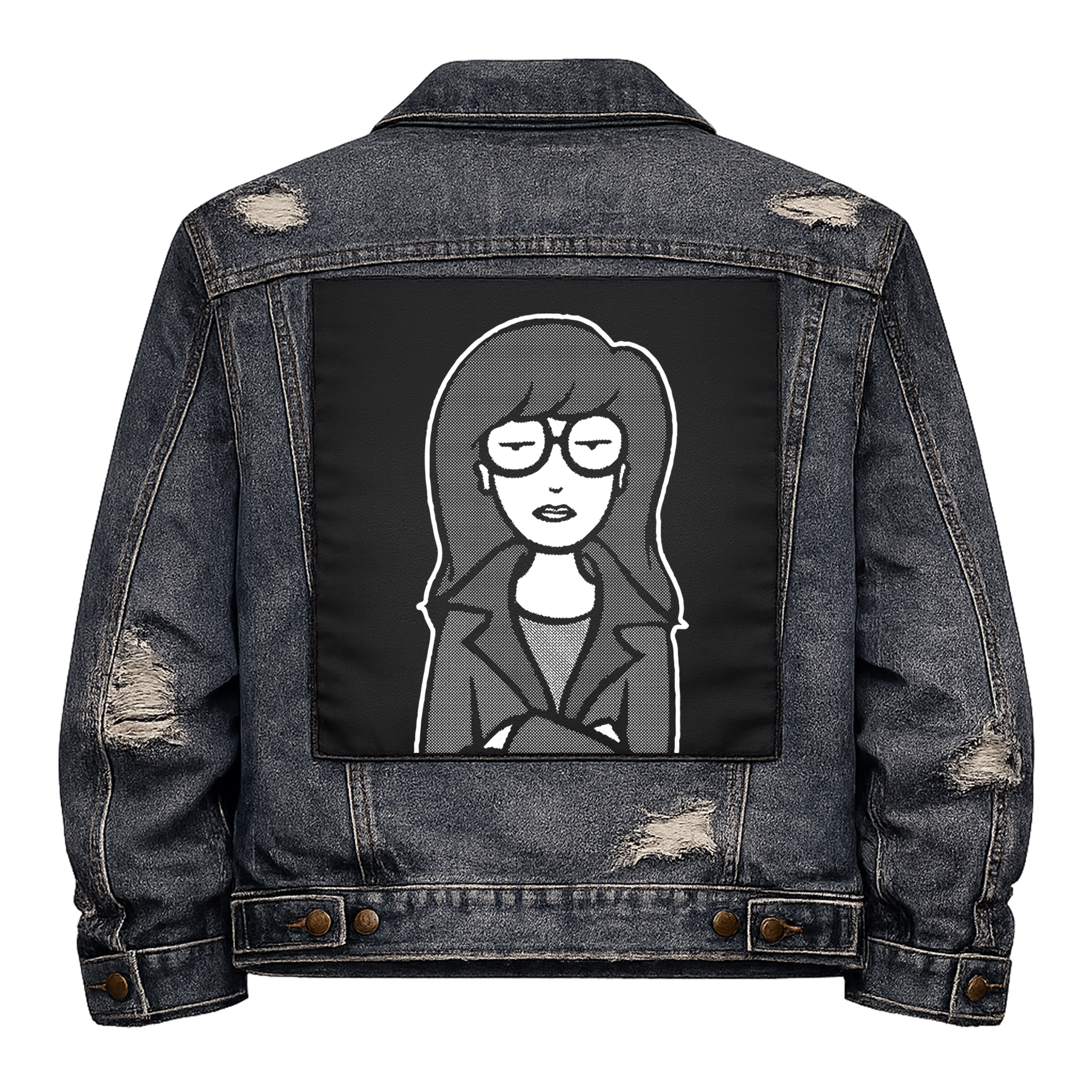 Black fabric back patch sew onto a denim jacket with the design "Daria"