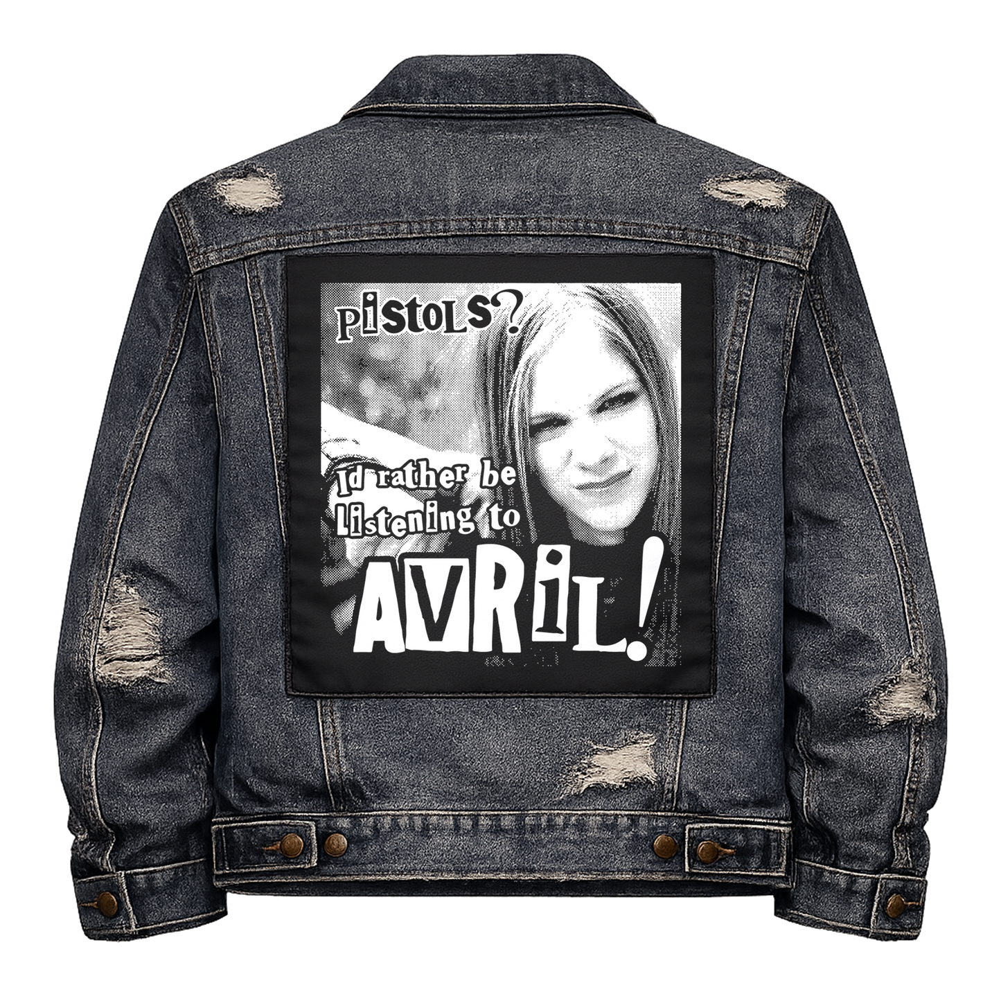Black fabric back patch sew onto a denim jacket with the design "Rather be listening to Avril"