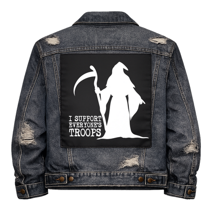 Black fabric back patch sew onto a denim jacket with the design "Everyone's Troops"
