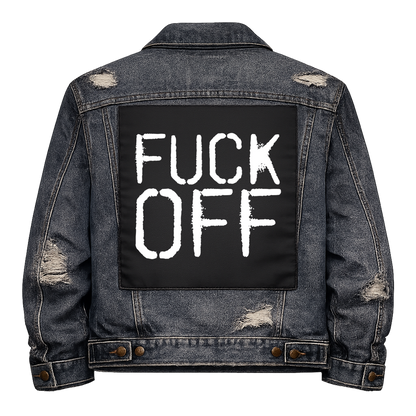 Black fabric back patch sew onto a denim jacket with the design "Fuck Off"
