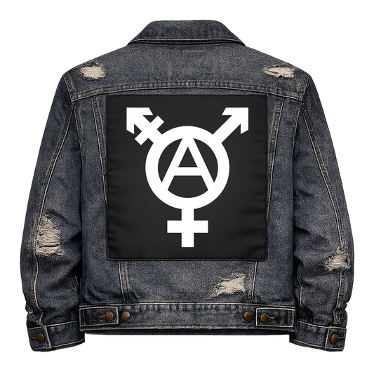 Black fabric back patch sew onto a denim jacket with the design "Trans Anarchy"